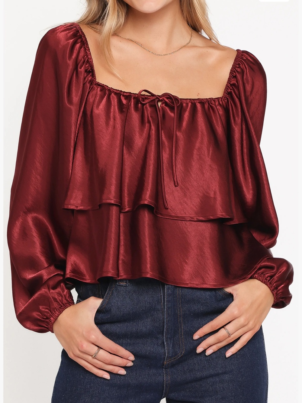 New Petal & Pup XL Janina Purple Square Neck Tiered Satin Blouse Top Rt $69!